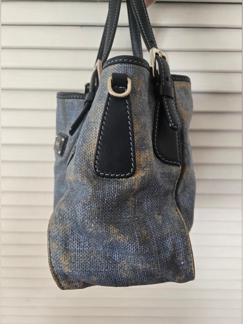 TOD'S Blue Coated Canvas Leather Trim Satchel Tote Handbag - Picture 4 of 9